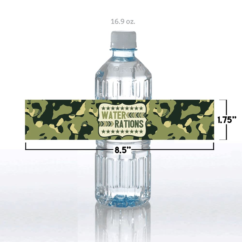 Ten Hut! Army Camouflage Birthday Themed Waterproof Water Bottle Sticker Wrappers 20 Wrap Around Labels Sized 1.75" x 8.5" by AmandaCreation