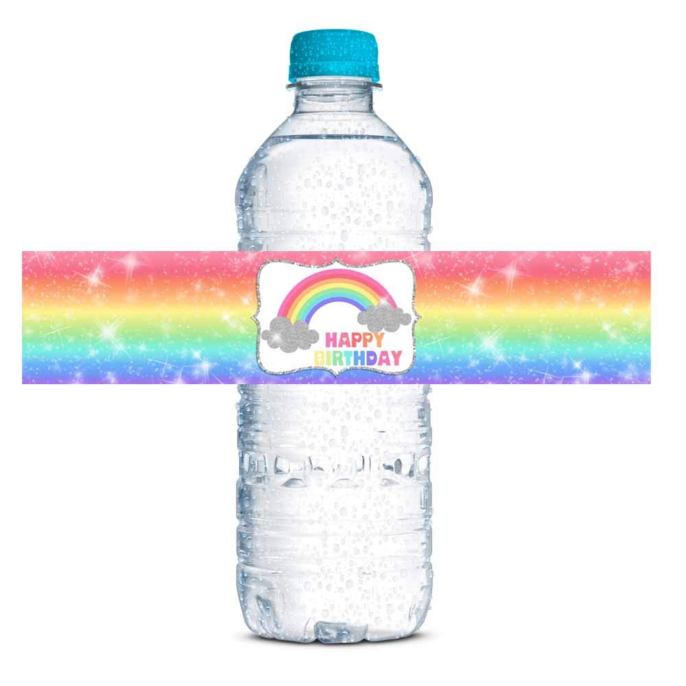 Rainbow Sparkle Themed Birthday Party Waterproof Water Bottle Sticker Wrappers, 20 1.75" x 8.5" Wrap Around Labels by AmandaCreation