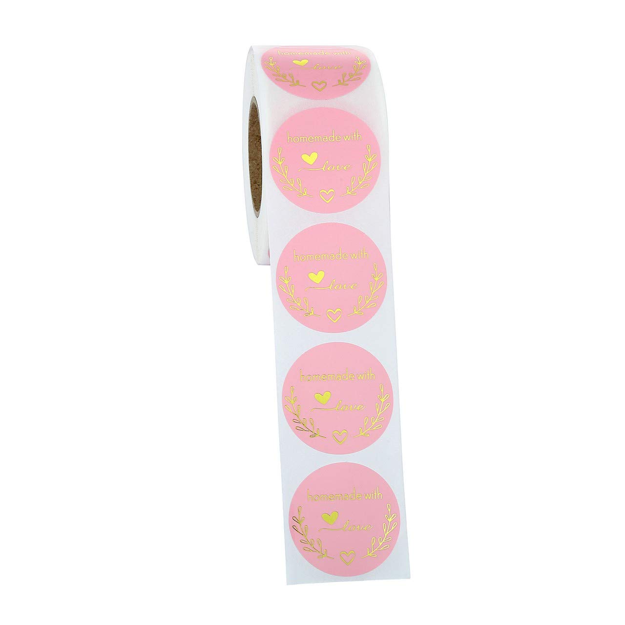 Yoption 1.5 Inch Round Homemade with Love Stickers Pink for Packaging, Cookie Bags, Small Shop Local Handmade, 500 Labels per Roll