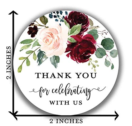 2" Round Blush Burgundy Floral Thank You Favor Stickers (40 Labels)