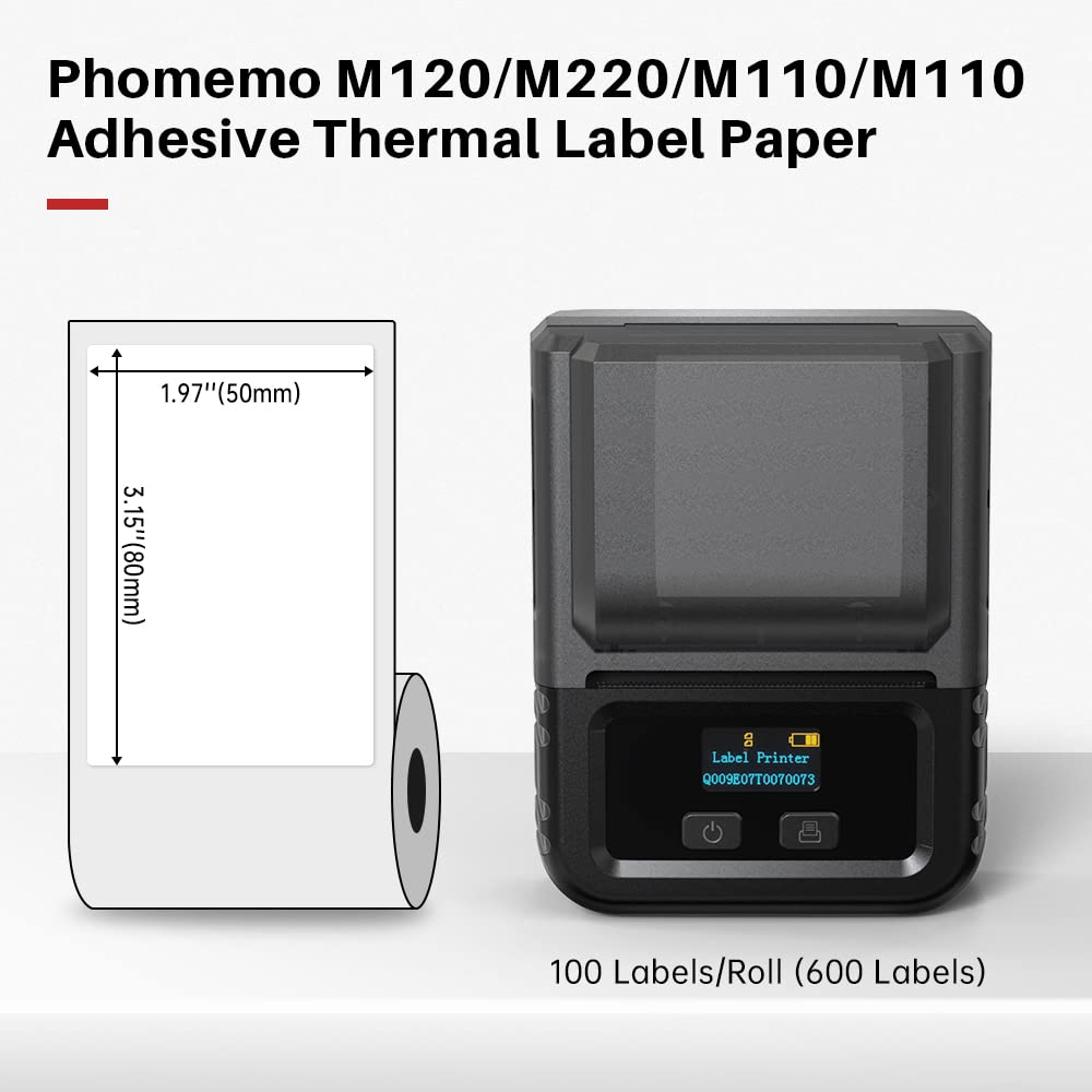 600 pcs Phomemo Labels for Label Printer, 1.96''x3.14''(50x80mm) Thermal Printer Sticker Papers,100Pcs Per Roll, Compatible with Phomemo M120/M110/M220/M200 / M150/M250,Black on White 1.96'' x 3.14'' (50mm x 80mm)