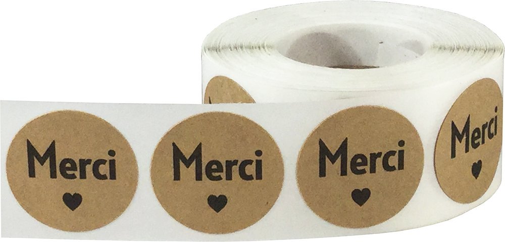 Merci French Thank You Natural Kraft Adhesive Stickers 1 Inch Round Labels 500 Labels Per Roll