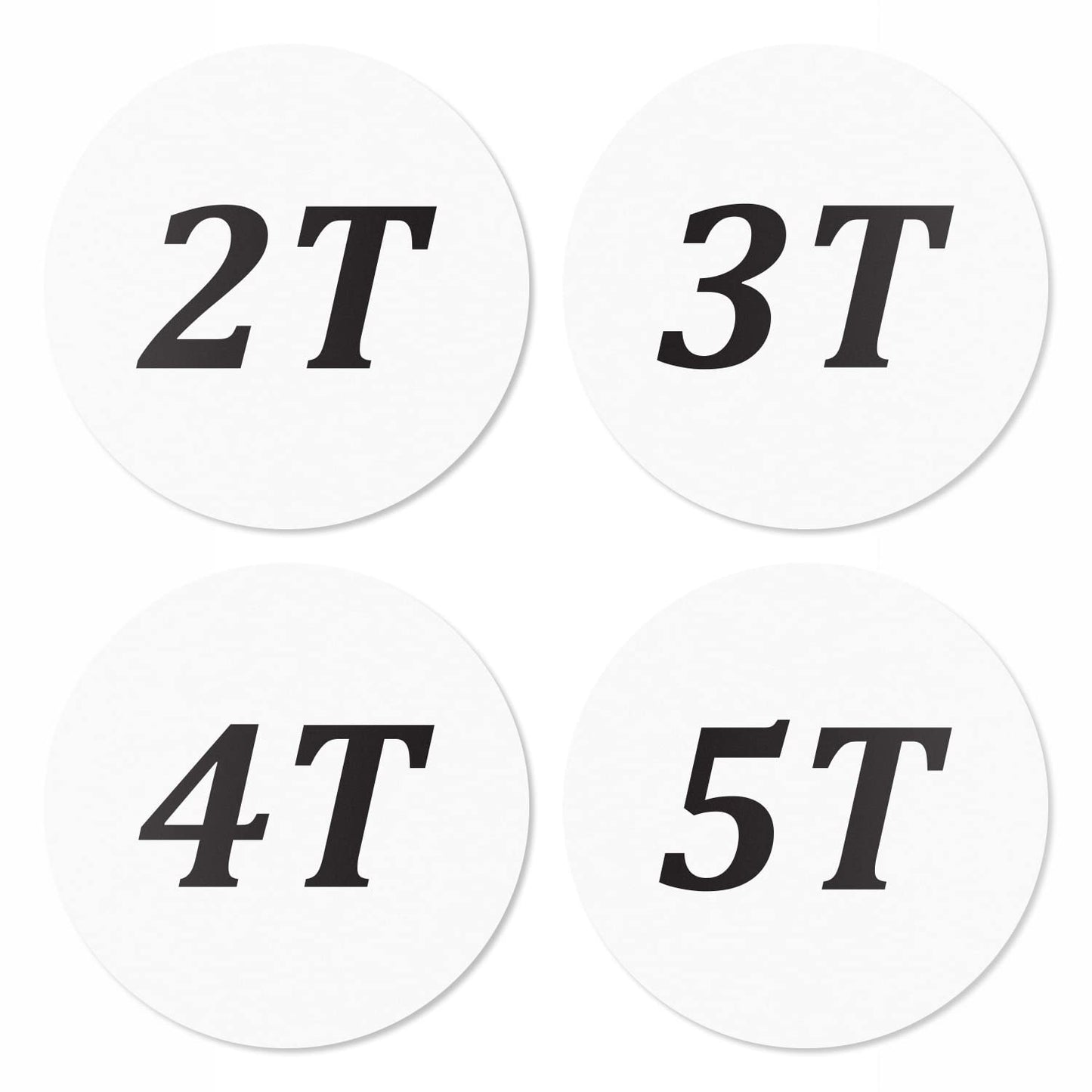 Toddler Clothing Size Stickers White - 1.25" Round Circle, (2T, 3T, 4T, 5T) Baby Retail Clothing Size Labels Stickers for Apparel Store Supplies, Fabric Safe - 4 Rolls, 1200 Count 2t 3t 4t 5t - White