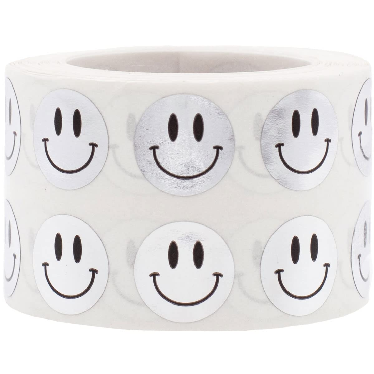 1/2" Inch Small Metallic Silver Happy Face Labels, 1,000 Total Adhesive Stickers on a Roll, Perfect for Kids Classroom Incentives, Motivational Chart Use