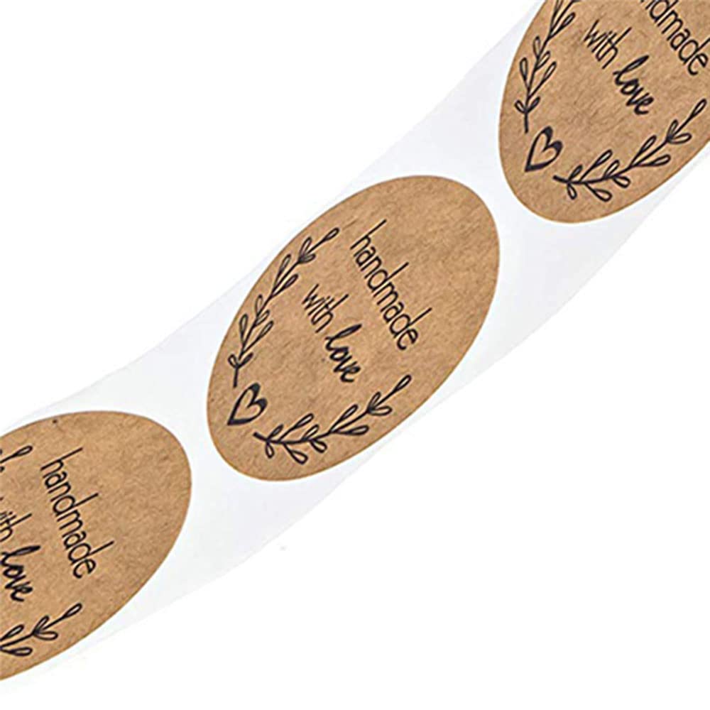 1000pcs Self Adhesive Stickers Labels Kraft Paper Handmade with Love Round Baking Stickers Labels Roll Decoration Cookie Jars Homemade Gifts Envelopes Etc