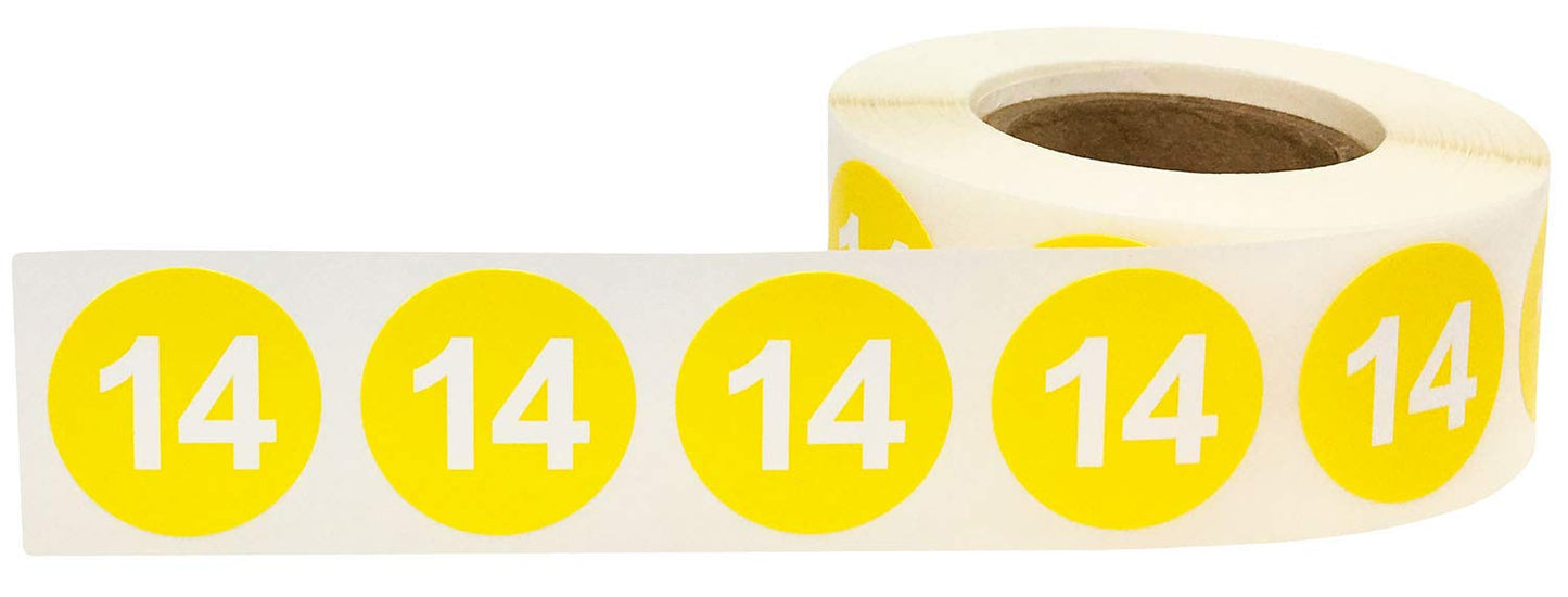 Yellow Number 14 Stickers 0.75 Inch 500 Labels On A Roll #14