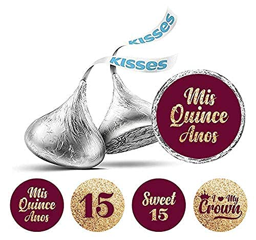 Quinceanera 15 Birthday Stickers for Chocolate Candy Labels 190 Pcs-Burgundy & Golden Burgundy & Golden