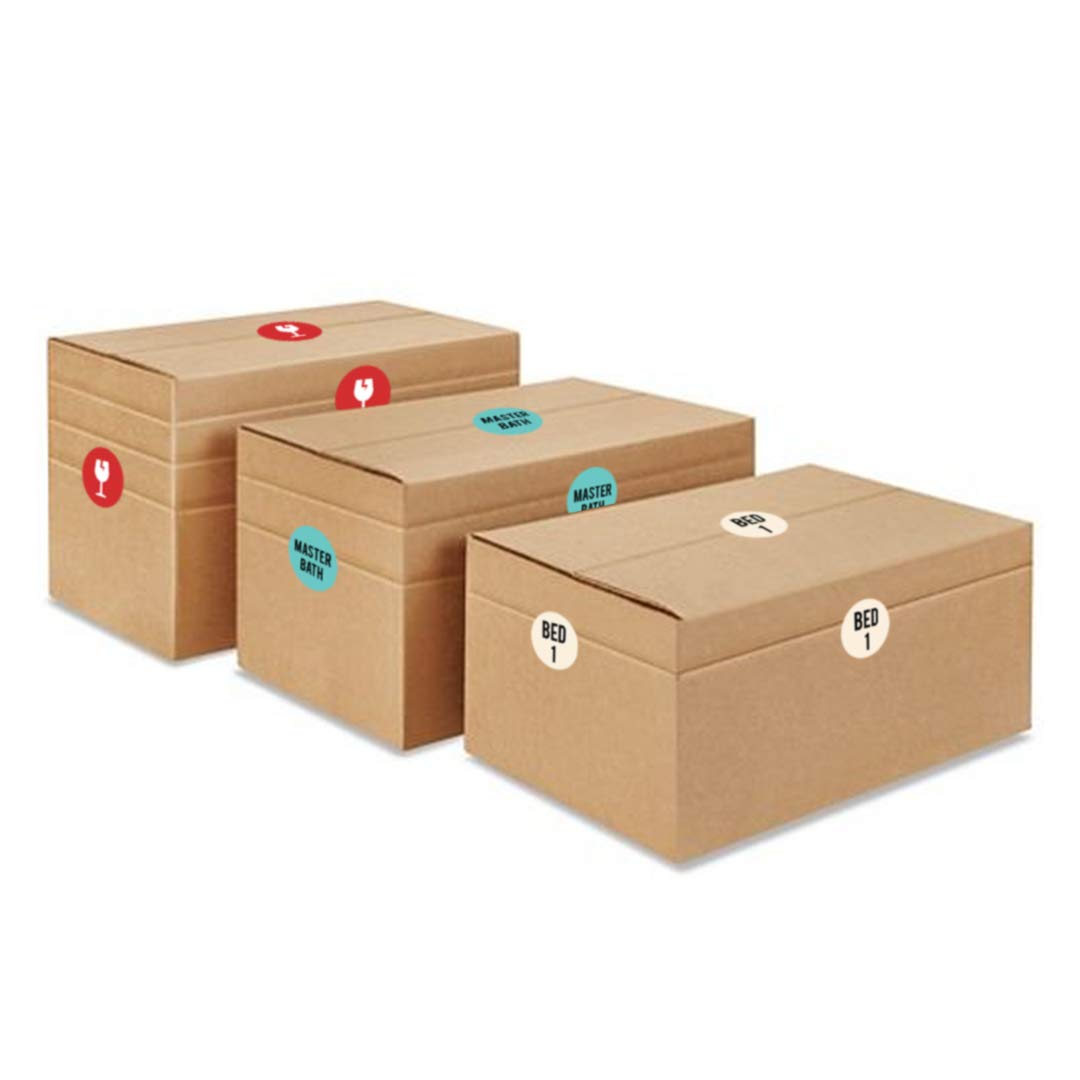 Andaz Press 720 Moving Labels for Boxes Color Coded, 1-5 Bedroom House Apartment 16 Different Living Spaces + Fragile, Donate Stickers, 2 Inch Circle Stickers Moving Box Stickers House Moving Labels