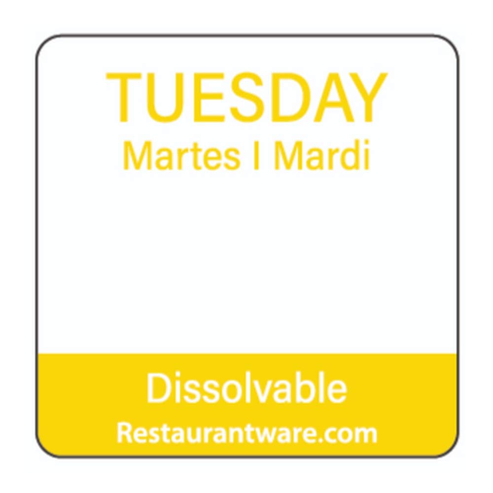 Restaurantware RW Smart 1 Inch x 1 Inch Food Rotation Labels 500 Dissolvable Food Safety Labels - Premium Trilingual Yellow Paper Day Of The Week Labels For Food Storage Or Prep Tuesday