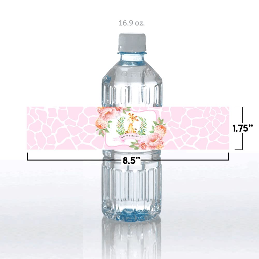 Watercolor Giraffe Birthday Themed Waterproof Water Bottle Sticker Wrappers 20 Wrap Around Labels Sized 1.75" x 8.5" by AmandaCreation