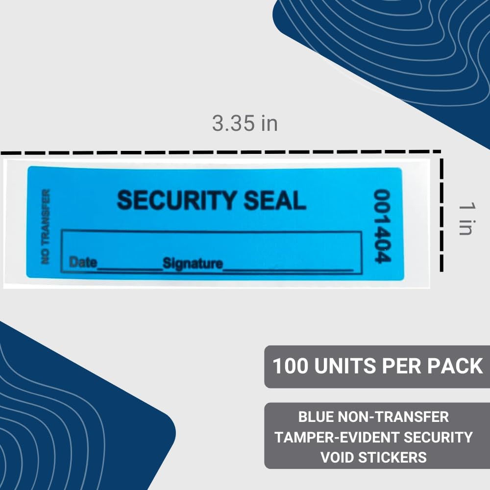 USPACKSMART 1"x3.35" Blue Non-Transfer Tamper-Evident Security Void Stickers/Labels/Seals with Sequential Numbers, Writable, Fan Folded for Convenience | 100-Pack Labels/Stickers