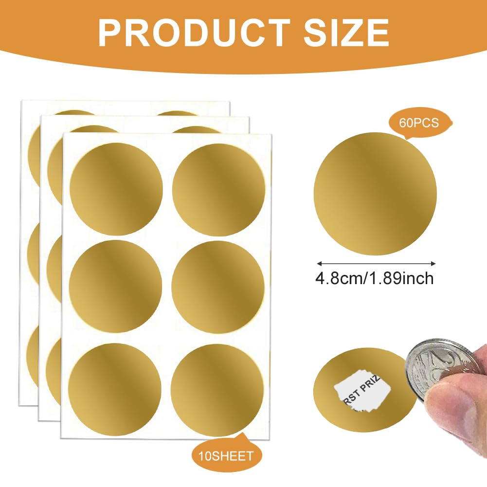 60 PCs Scratch Stickers,2 inch Circle Scratch Off Labels Self Adhesive Scratch Off Cards for Scratch Off Stickers Lottery Tickets DIY Raffle Card Creating(Gold) Gold