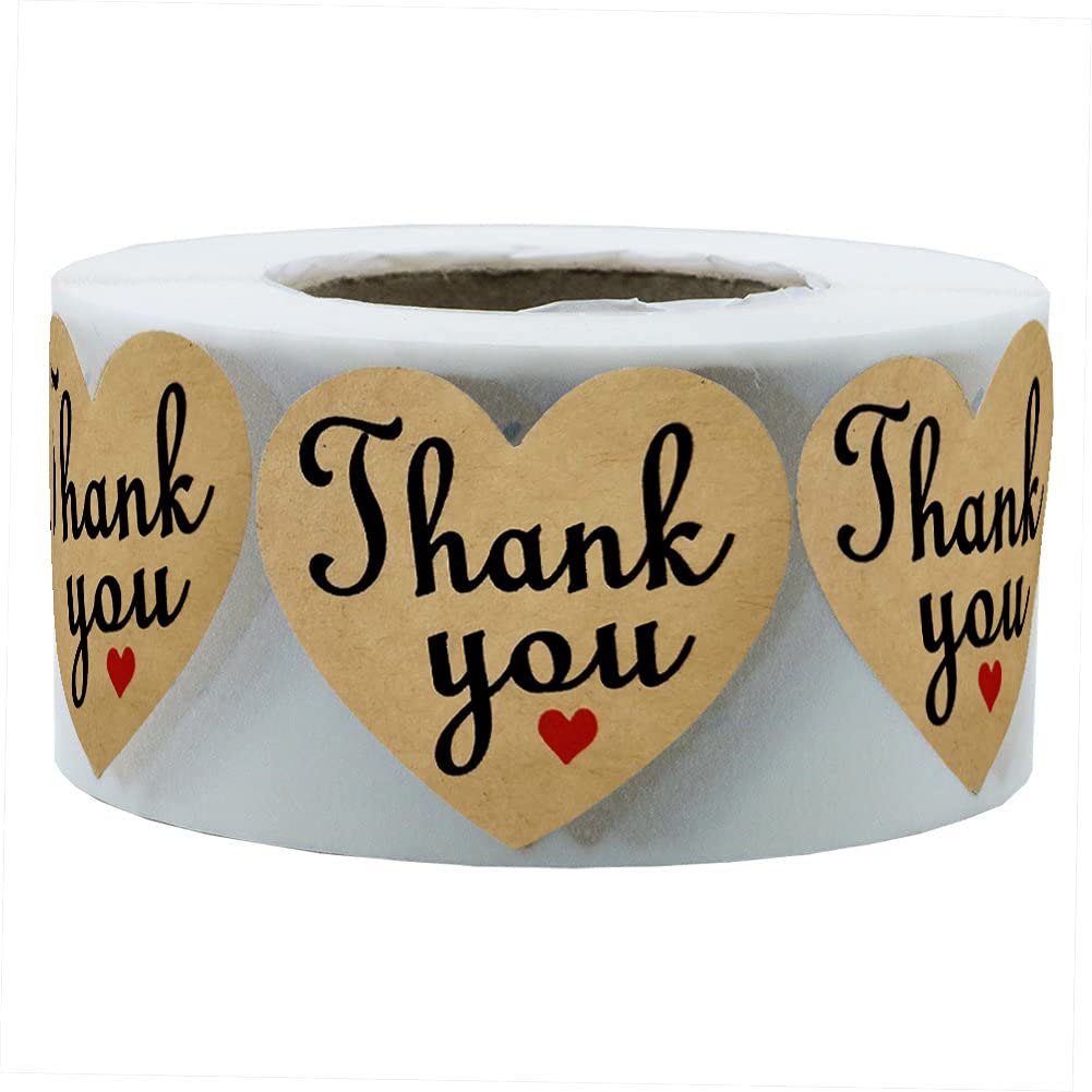 Natural Kraft Appreciation Labels 2 Inch Valentine's Day Heart Thank You Sticker for Greeting Cards,Package,Wedding,Baby Shower,250 Pcs Per Roll