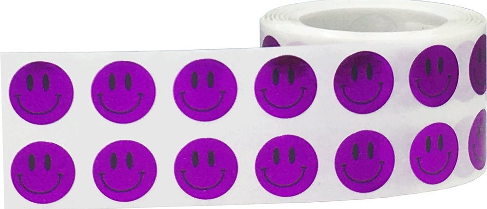 1/2" Inch Small Metallic Purple Happy Face Labels, 1,000 Total Adhesive Stickers on a Roll, Perfect for Kids Classroom Incentives, Motivational Chart Use