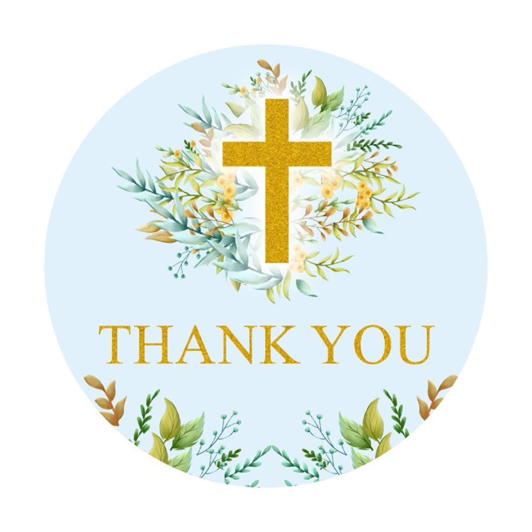 50 Pack of 2" Round Cross Thank You Stickers Labels Candy Sticker Labels for Baptism Party (Blue) Blue