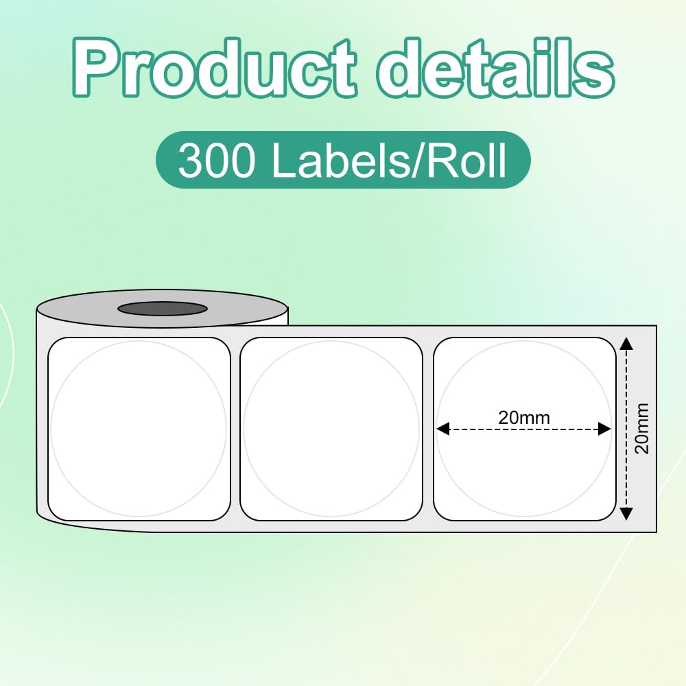 Phomemo Thermal Labels, 0.78''x0.78'' (20x20mm) Multi-Purpose Self Adhesive Label for M110 M220 M221 M120 M200 M150 M250 M260 M108 M100, for DIY Logo Design, 300 Labels/Roll 20x20mm White