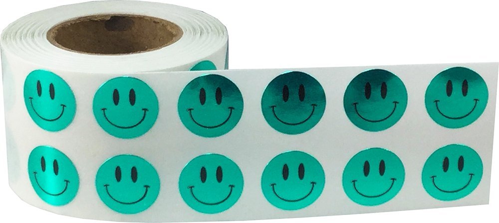 1/2" Inch Small Metallic Green Happy Face Labels, 1,000 Total Adhesive Stickers on a Roll, Perfect for Kids Classroom Incentives, Motivational Chart Use
