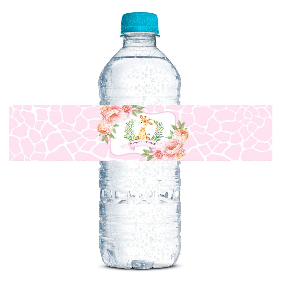 Watercolor Giraffe Birthday Themed Waterproof Water Bottle Sticker Wrappers 20 Wrap Around Labels Sized 1.75" x 8.5" by AmandaCreation