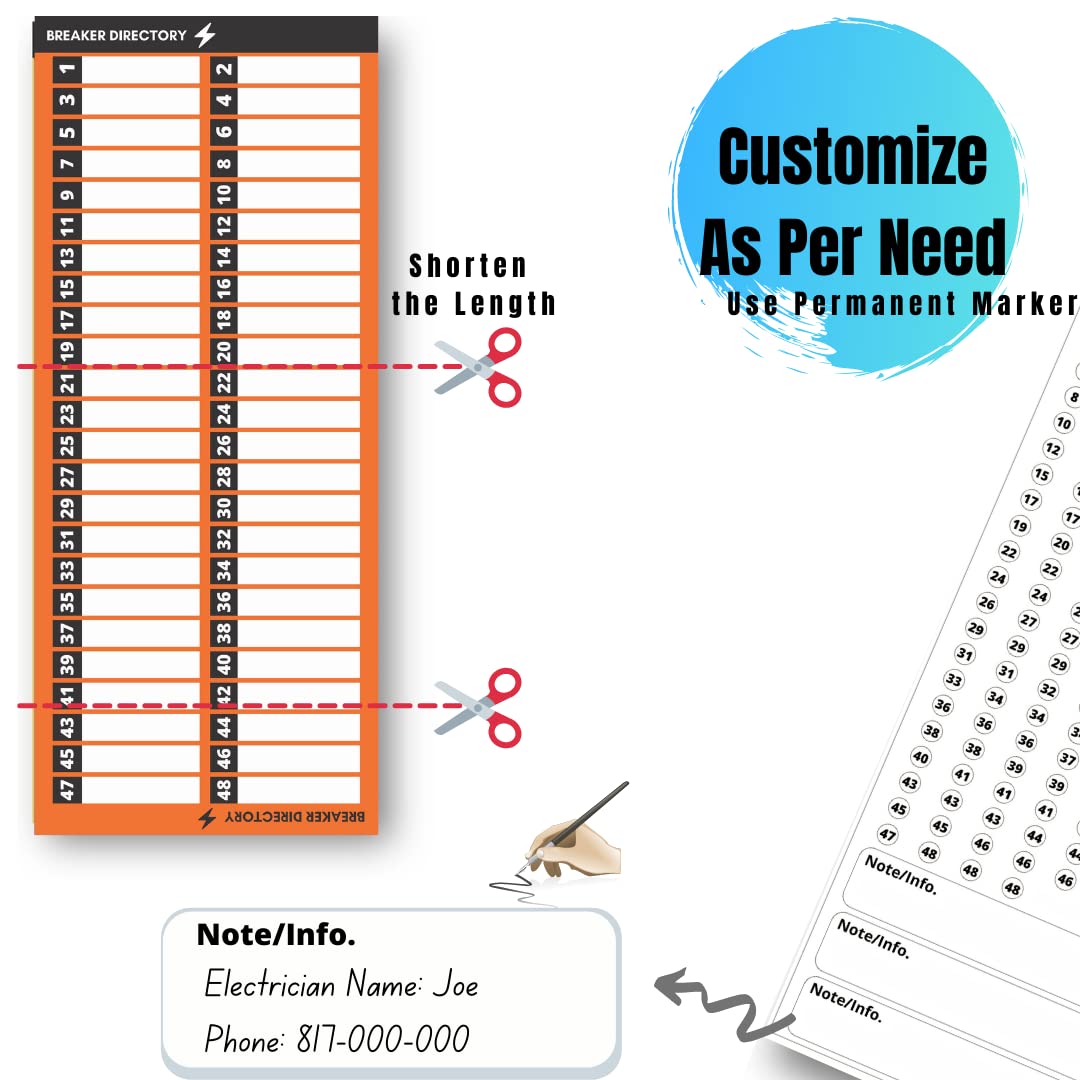 Premium Quality Non-Tearable Paper Circuit Breaker Directory Label with Fuse Stickers for Fuse Panel, Marker Sign for Electrical Panel. Strong Adhesive. Up to 48 Entries. for House or Commercial Use Orange