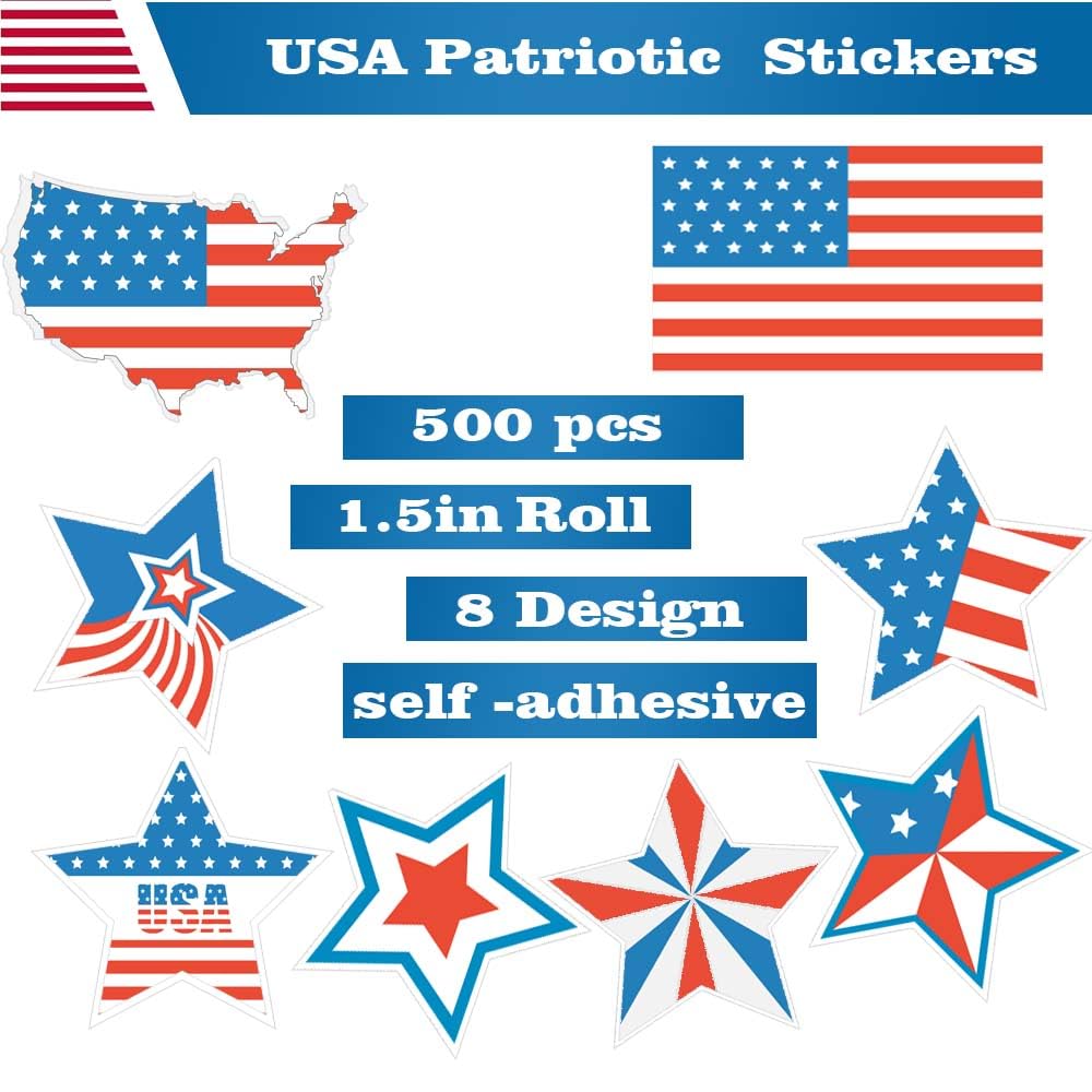 500 Pcs Patriotic Stickers - US Flag, Star Labels for 4th of July, Memorial Day, Fourth of July - Red White and Blue Decorations for Envelopes, Cards, Gifts, Party
