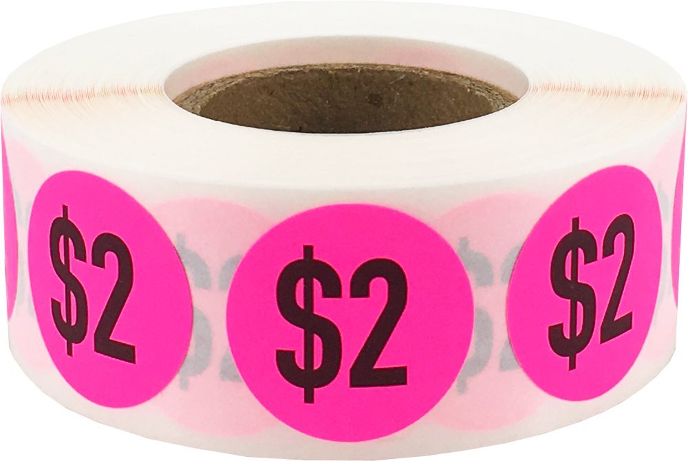 $2 Price Stickers Fluorescent Pink .75 Inch Round Circle Dots 500 Total Adhesive Stickers $2