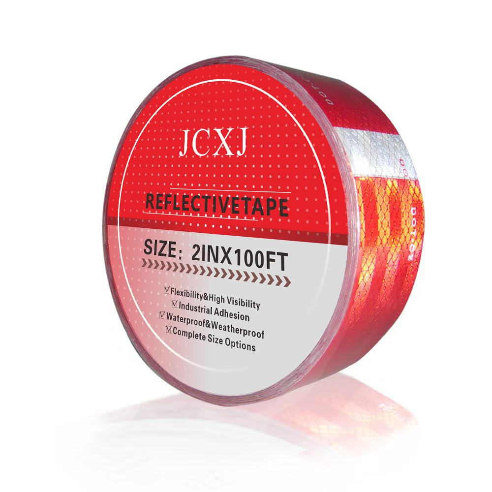 JCXJ 2inx100Ft Dot-C2 Red/White Reflective Safety Conspicuity Tape Waterproof High Intensity Reflective,Caution Sign,Driveway reflectors Tape for Vehicles,Trailers,Boats,Signs,Outdoor, Cars, Trucks 2 in x 100 Ft