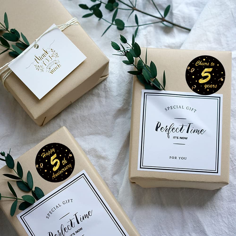 REWIDPARTY Black Gold 5th Anniversary Party Stickers Rolls Cheers to 5 Years Stickers Anniversary Party Decorations Happy 5th Birthday Adhesive Stickers Wedding Party Supplies(500 Per Roll) B