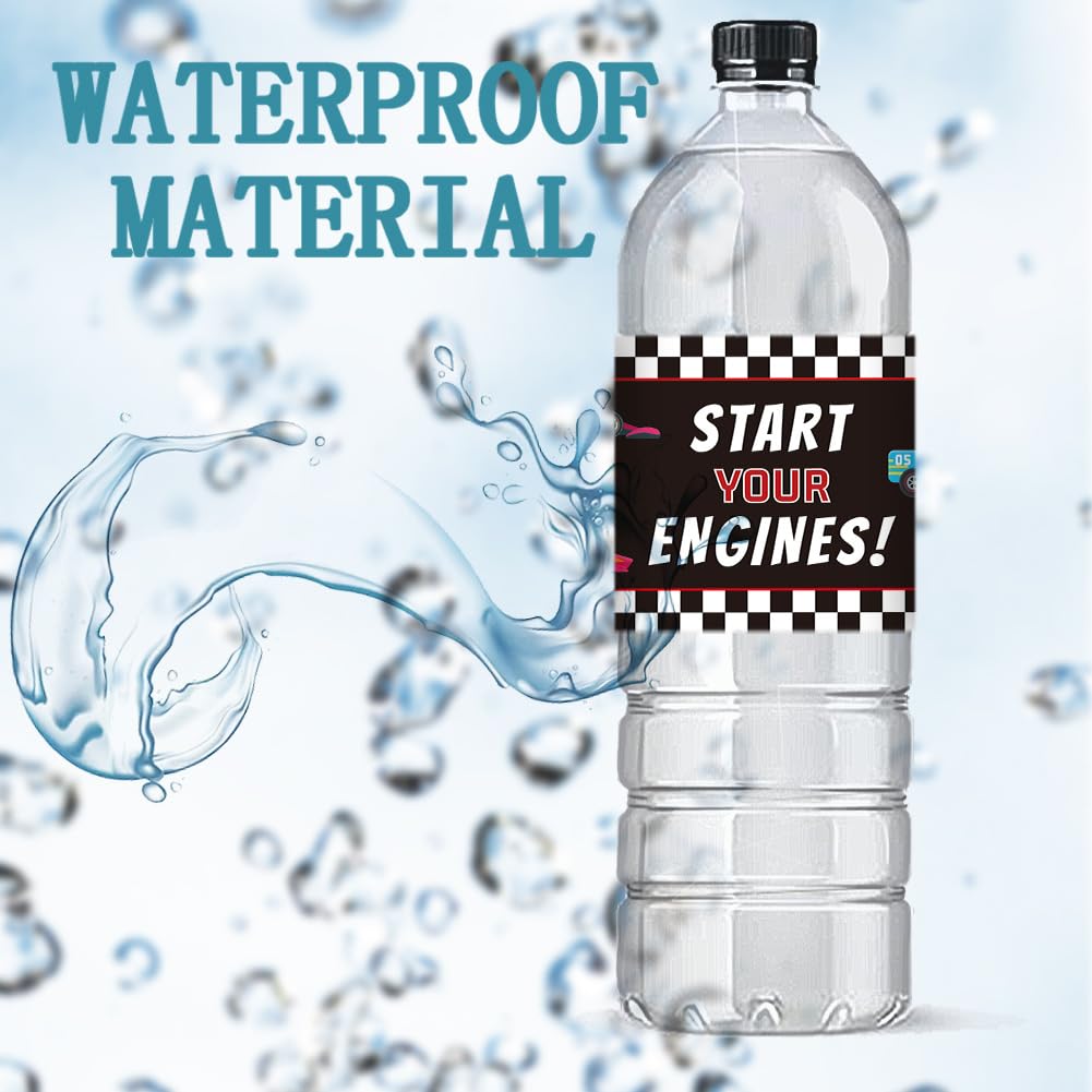 PH PandaHall 30pcs Water Bottle Labels Waterproof Labels, 21.6x6.4cm/ 8.5x2.5inches Rectangle Bottle Label Start Your Engines Bottle Wraps Adhesive Stickers for Race Car Party Decorations Supplies