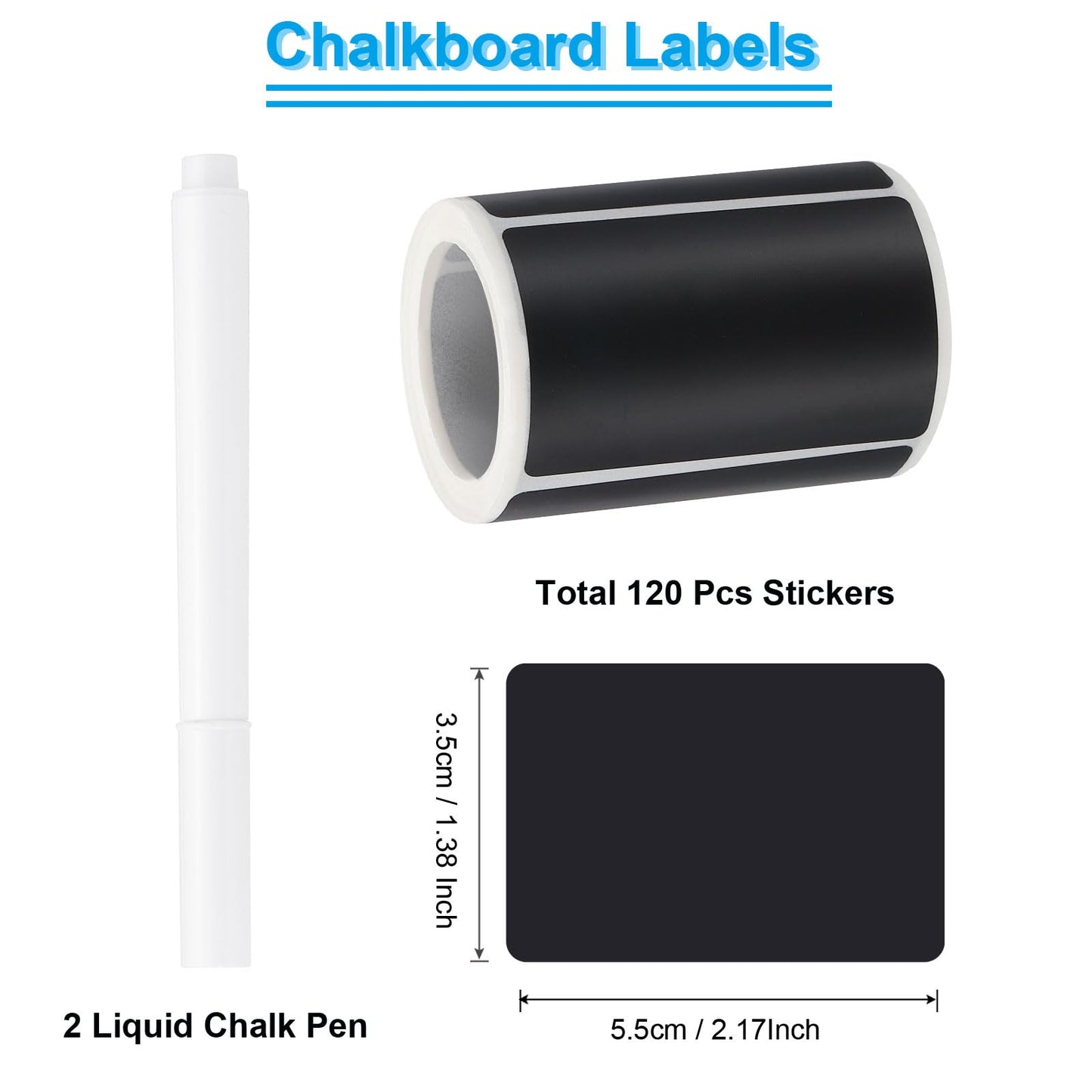 PATIKIL Chalkboard Labels, 120 Pcs Erasable Reusable Blackboard Stickers with 2 Liquid Chalk Pen, Waterproof Pantry Labels for Containers, Jars, Storage Bins (Rectangle)