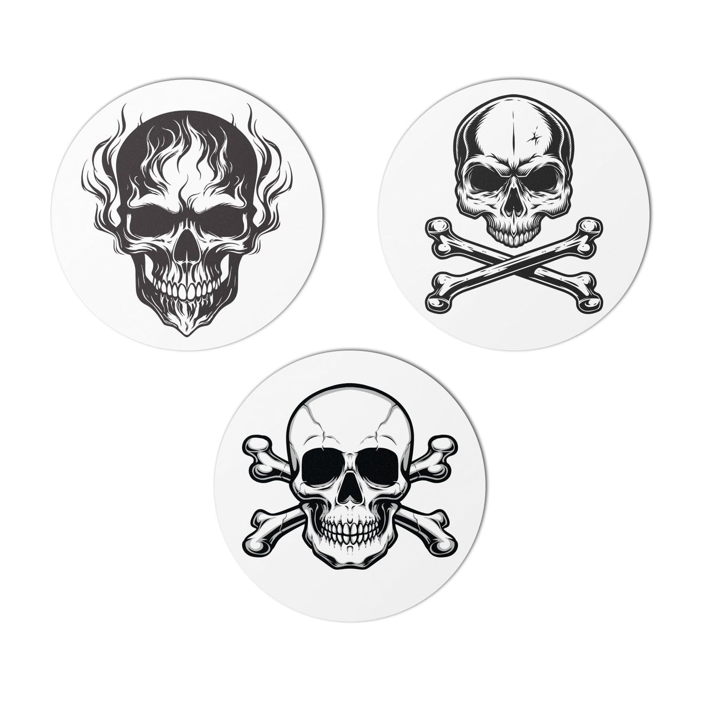 2 inch, Circle Dot Labels, Skull & Bones Stickers - Flaming Skull Stickers - 3X Different Designs (300 Labels, Black & White) 300 Labels