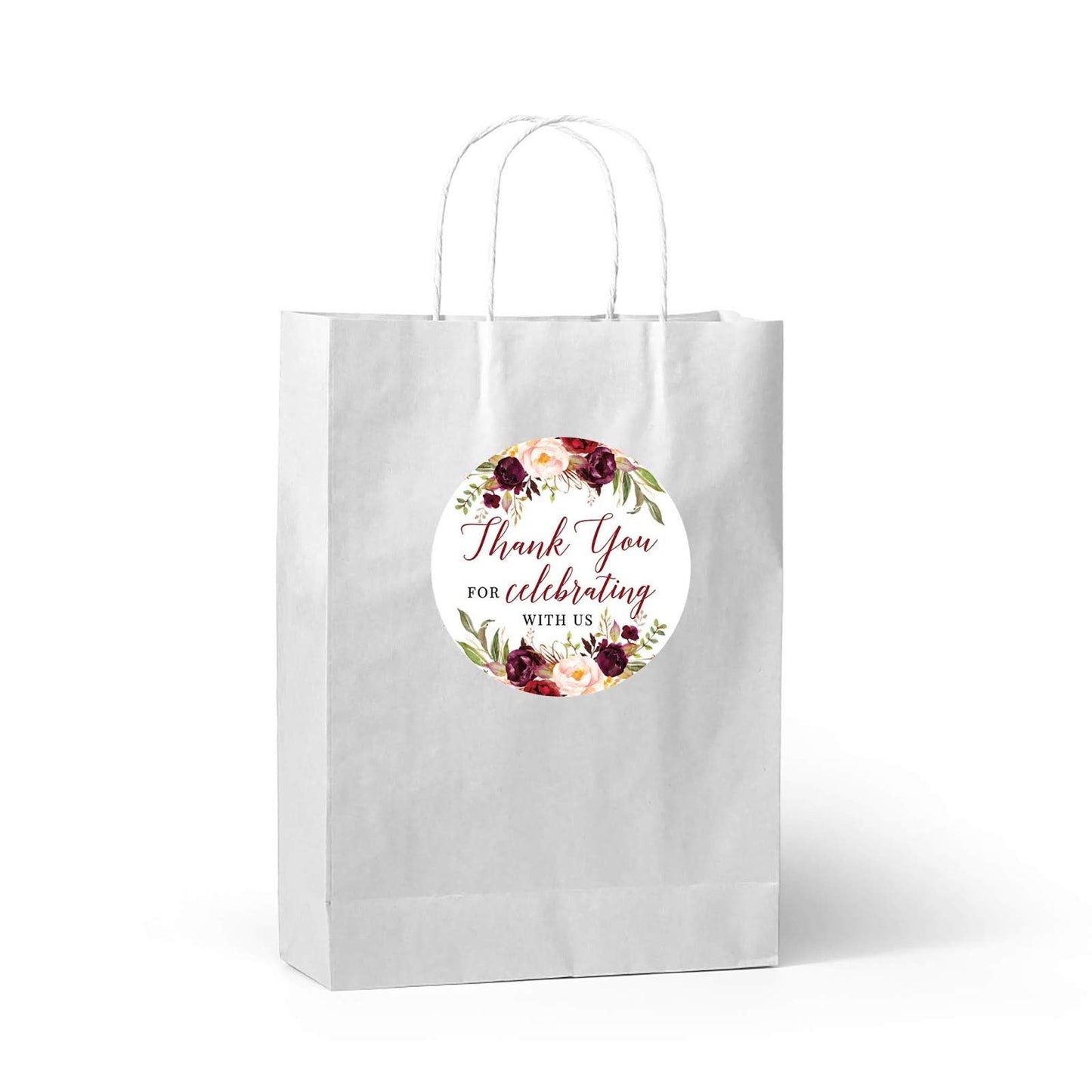 Andaz Press Fall Autumn Burgundy Maroon Floral Flowers Party, 2-Inch Round Circle Label Stickers, Thank You for Celebrating with Us Sticker, 40-Pack, Party Favors Decor Ideas Fall Wedding Stickers
