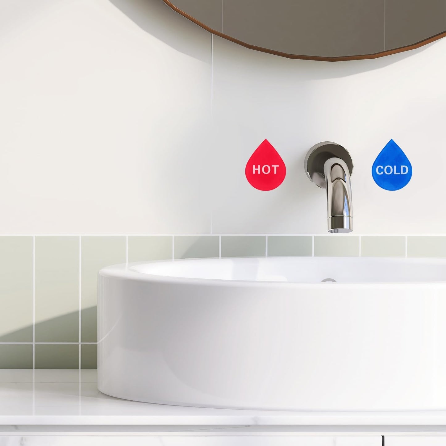 YOKIVE 4 Pcs Hot Cold Water Sticker Label, Sticker Sign Acrylic Great for Faucets Sinks Kitchen (Blue Red White, Drop Shape, 1.7" x 1.4" x 2")