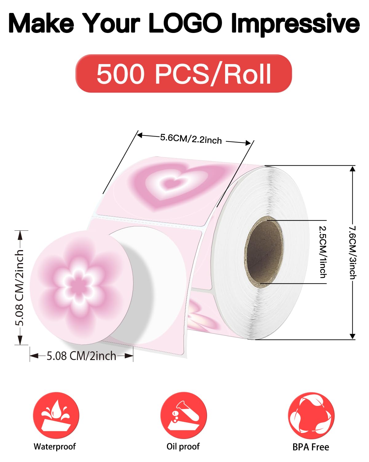 2 Inch Circle Thermal Stickers, Self-Adhesive Round Direct Thermal Labels with Perforation Line, Multi-Purpose Waterproof Thermal Label Stickers for Business, 500 Labels/1 Roll, Pink 2"(Round)