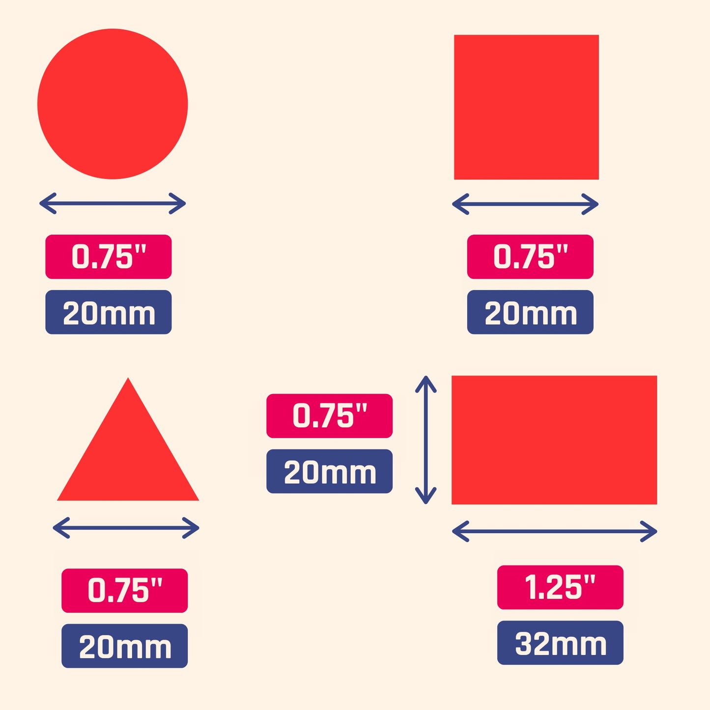 1800 Pack - Colored Shape Stickers Labels, 3/4" - 4 Shapes, 5 Colors