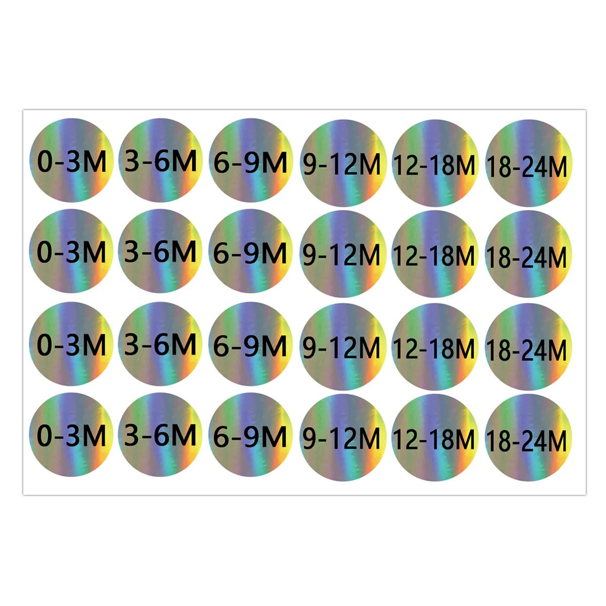 Baby Size Labels, 0.8 Inch Round Self Adhesive Size Stickers, 3024 Labels (0-3, 3-6, 6-9, 9-12, 12-18, 18-24 Months) for Retail Store Clothing Apparel Baby Clothes