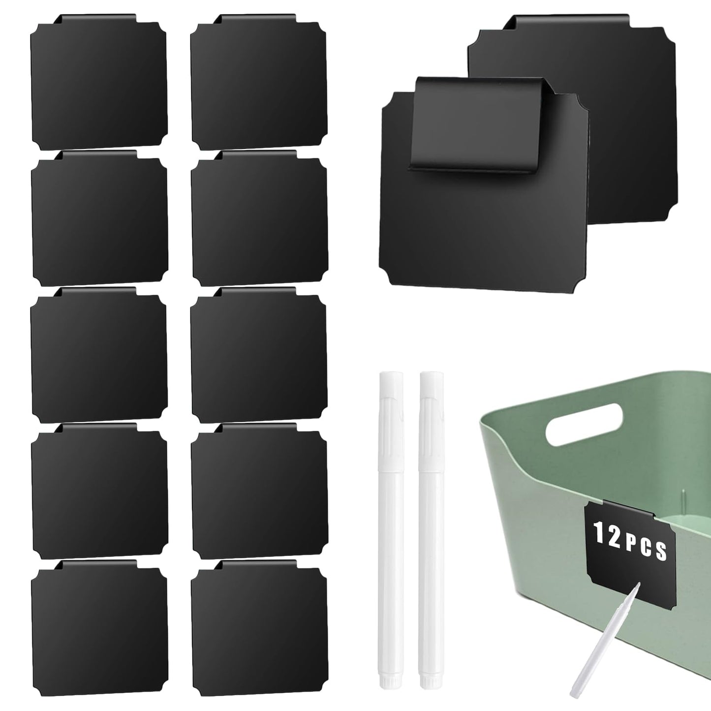 14 Plastic Basket Labels Clip On Set - Removable Bin Labels Clip On with 2 Chalk Markers for Basket Pantry Organization Box