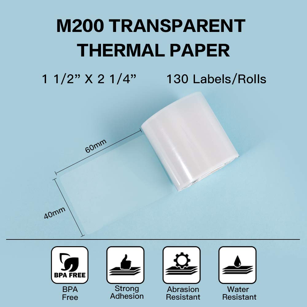 Phomemo Multi-Purpose Clear Self-Adhesive Label for Phomemo M200/M110/M220/M120/M221/M260/M150/M250 Label Maker,1 1/2" X 2 1/4" (40mm x 60mm), 130 Labels/Roll,Black on Clear 40mmX60mm