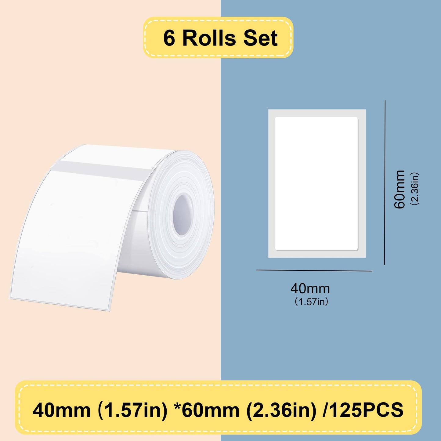 Labels Tape, 6 Rolls(750PCS) Thermal Label Sticker for B21/B3S/B1 Printer Waterproof Sticker Paper Business Shipping Address Labeling Replacement with Self-Adhesive (40 x 60mm-125PCS) 40*60mm-6 Rolls