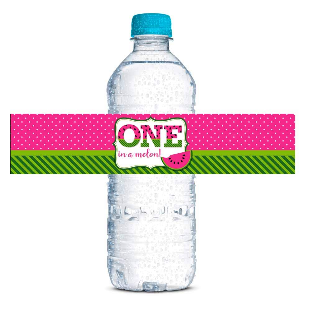 Sweet First Birthday Pink Watermelon Birthday Waterproof Water Bottle Sticker Wrappers, 20 1.75" x 8.5" Wrap Around Labels by AmandaCreation