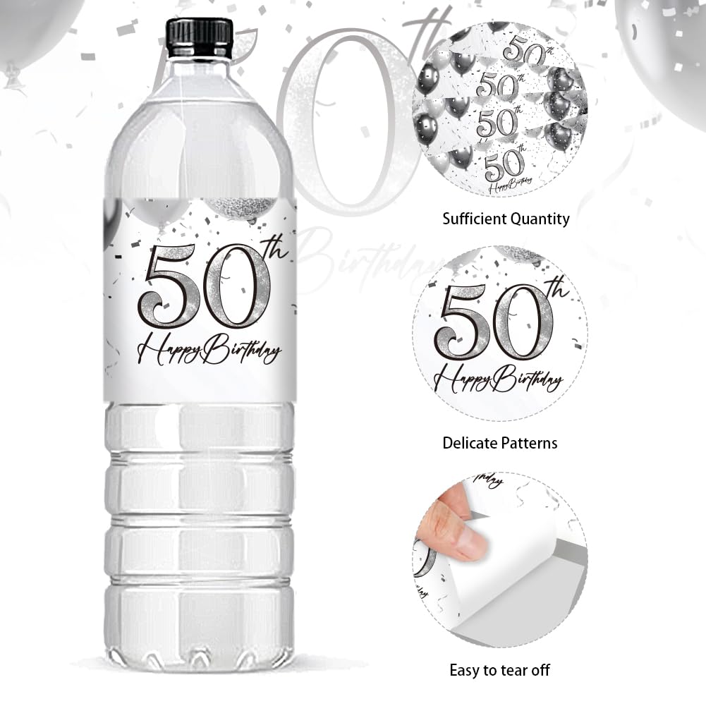 PH PandaHall 50th Birthday Water Bottle Labels Happy Birthday Stickers for Party Personalized Water Bottel Wraps Self Adhesive Labels for Father Husband 8.5x2.5 inches, 30pcs
