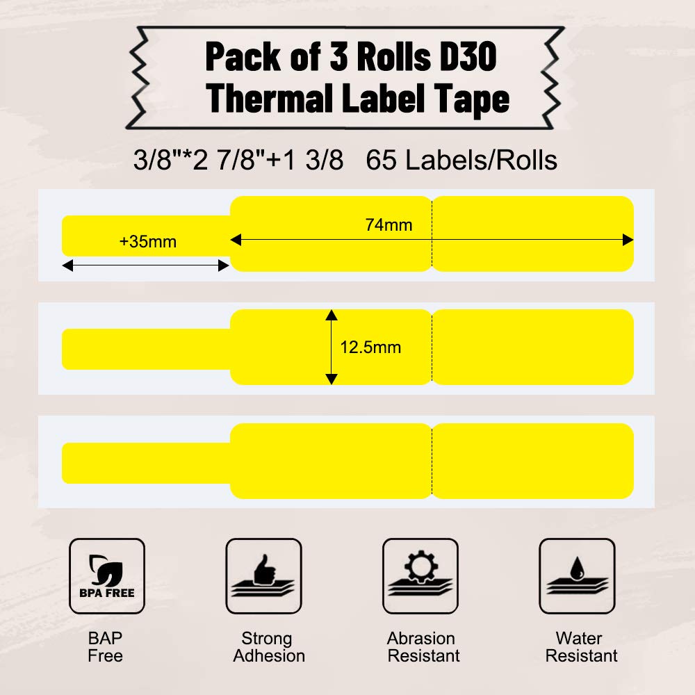 Phomemo D30 Label Maker Tape Cable Wire Label Tape, Black Print on Yellow Sticker, 12.5mm x 74mm+35mm (3/8" x2 7/8"+1 3/8) Self-Adhesive Thermal Label Tape, 65-Tape/Roll, 3-Roll for D30 D30Pro Printer