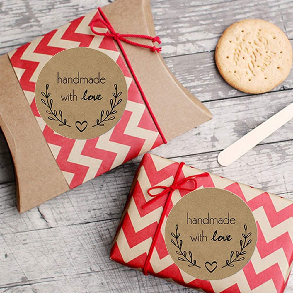 1000pcs Self Adhesive Stickers Labels Kraft Paper Handmade with Love Round Baking Stickers Labels Roll Decoration Cookie Jars Homemade Gifts Envelopes Etc