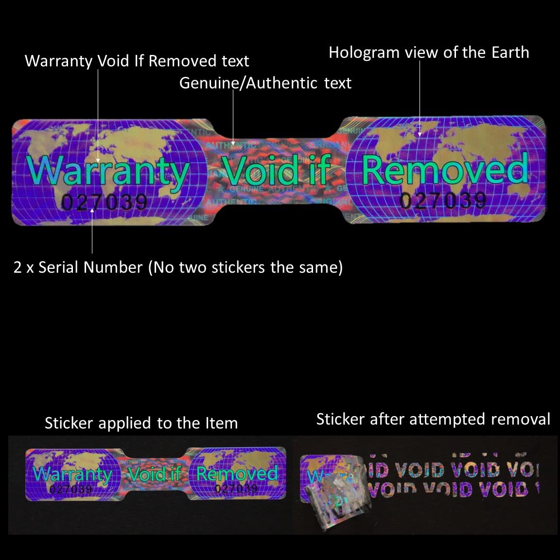 210 Hologram Tamper Proof Stickers. Tamper Evident Tape. Warranty Void if Removed. Individual Serial Numbers. Large 1.930 x 0.375 inches. (210 Stickers) 210 Stickers