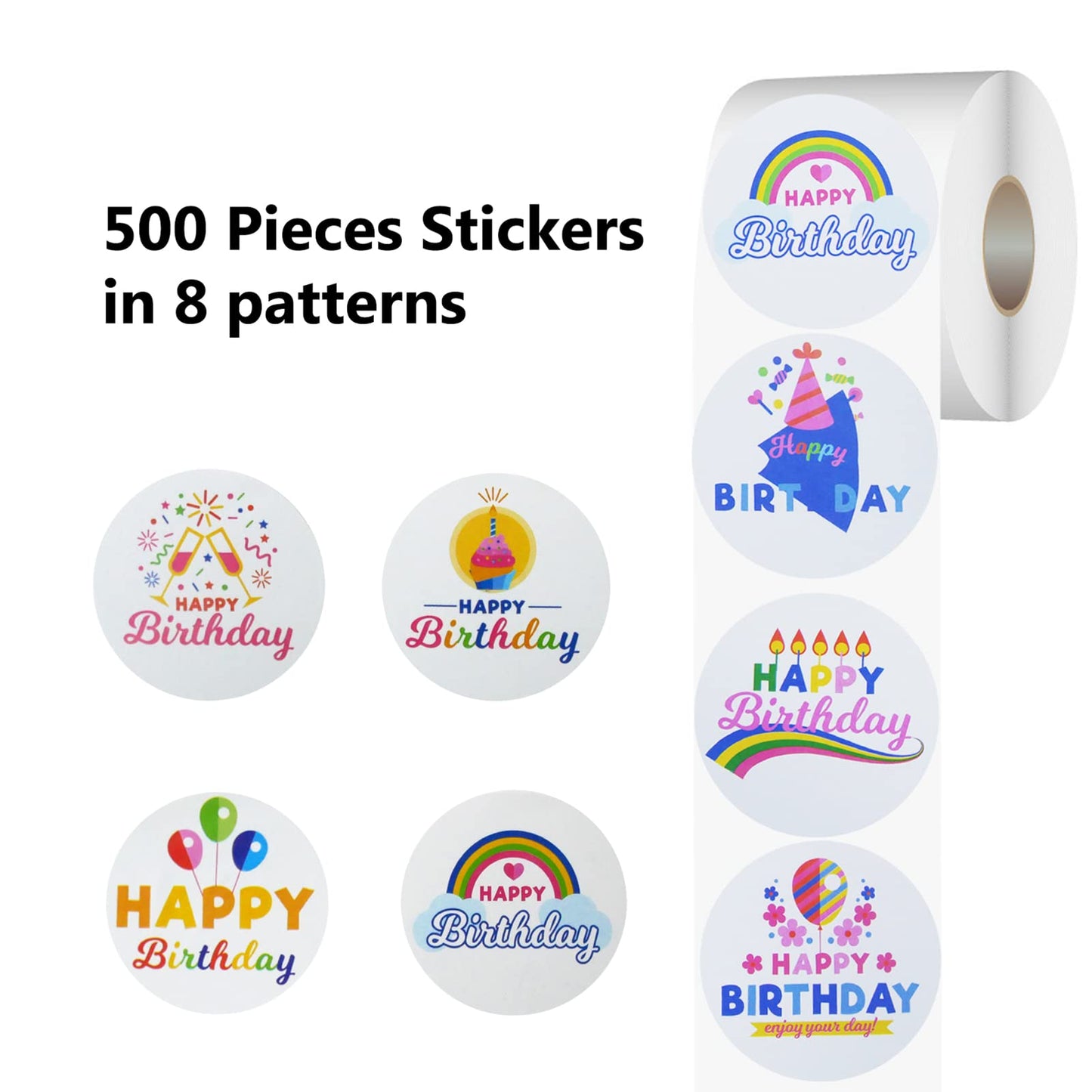 Happy Birthday Stickers Roll 1.5" Round 500pcs Self Adhesive Birthday Sticker for Kids Adults Envelope Seals Cards
