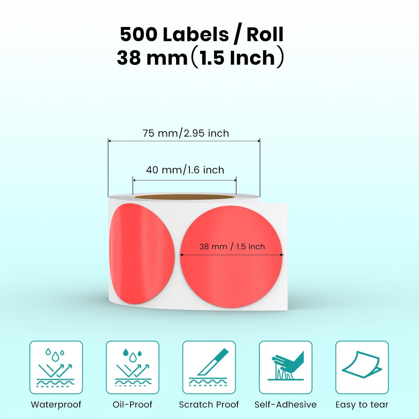 Red Circle Thermal Labels Vinyl 1.5 Inch Self-Adhesive Round Stickers Roll Waterproof Printer Decals Name Tag for QR Code DIY Office Address 500 PCS Red