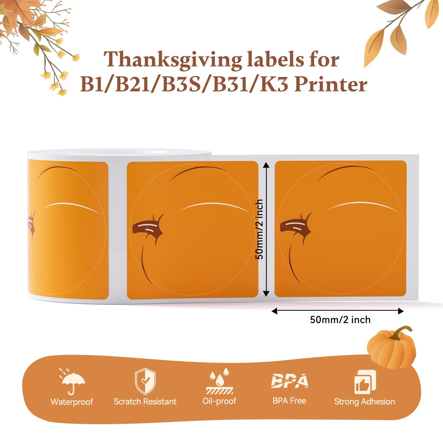 NIIMBOT Thanksgiving Stikers for B1 B21 B3S K3 Label Maker, 2'' x 2'' (50x50mm) Printer Labels, Pumpkin Round Label Stickers for Kids 49x49mm-pumpkin