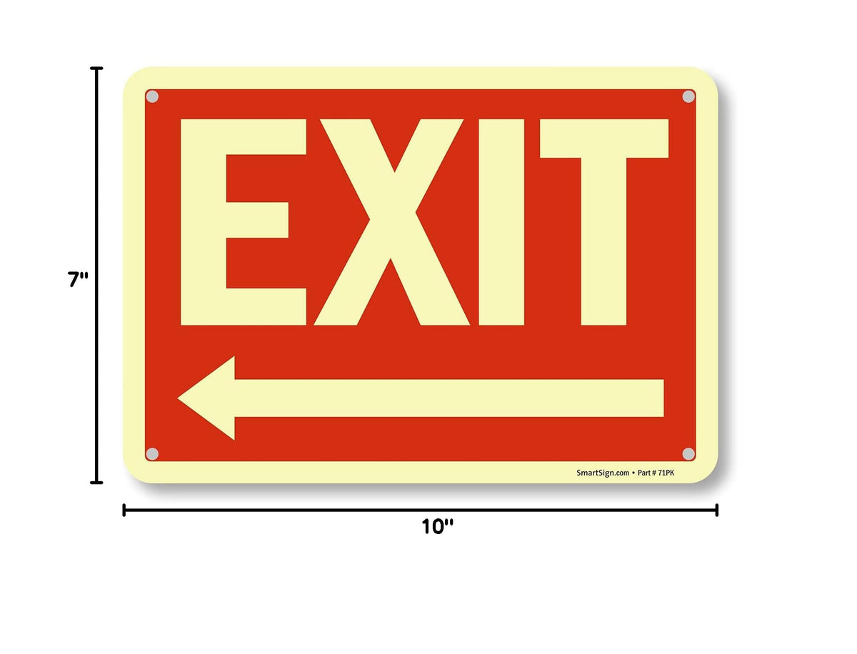 SmartSign "Exit" Sign with Left Arrow | 7" x 10" Glow-in-the-Dark Aluminum, Made in USA