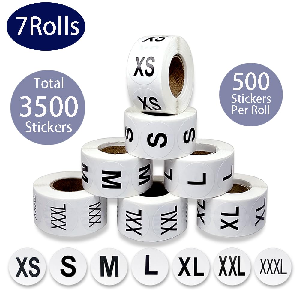 3500 Pcs Clothing Size Stickers, 1 Inch Round Self Adhesive, 7 Sizes XS-S-XXXL for T Shirts (Black) Black