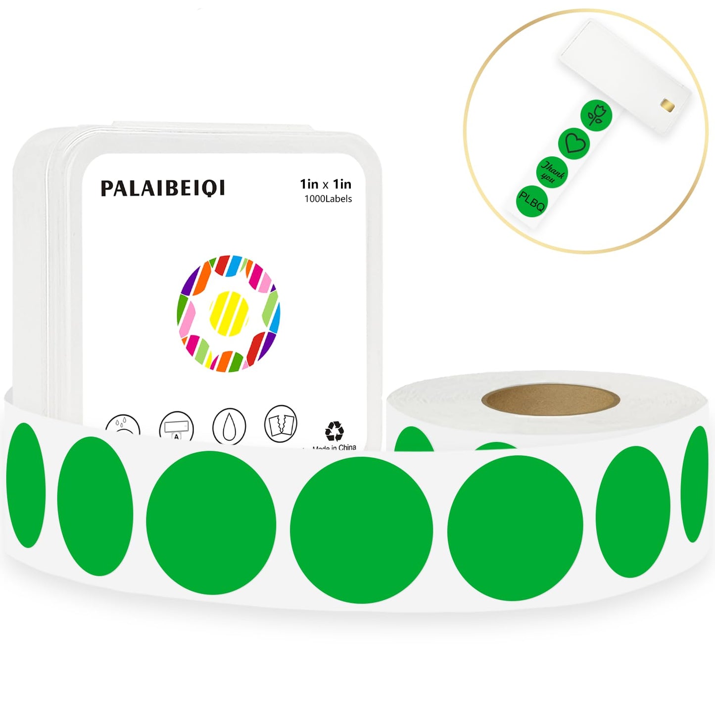 1 Inch Round Thermal Sticker Labels,Color Dot Stickers,Label Stickers,Waterproof,Oil Proof,for Thermal Printers,DIY,Office,Retail,Home and Warehouse Organization(Green,1000 Pcs) Green