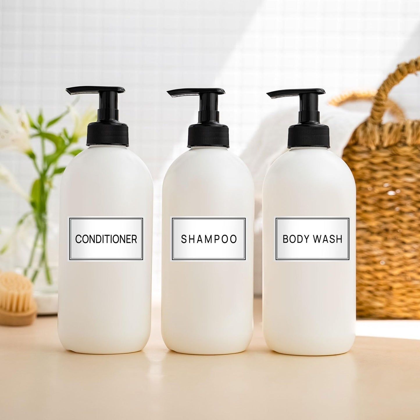 Minimalist Bathroom Labels - 32PCS Set with DIY Blank Labels, Waterproof & Oil Resistant for Shampoo, Conditioner & Hand Soap Dispensers